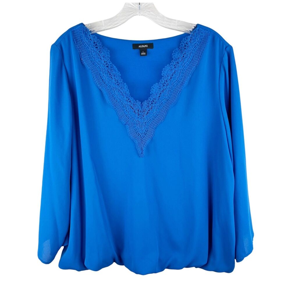 Alfani Blouse Women Large Blue Lace Collar V-Neck Long Sleeve Casual Solid Top